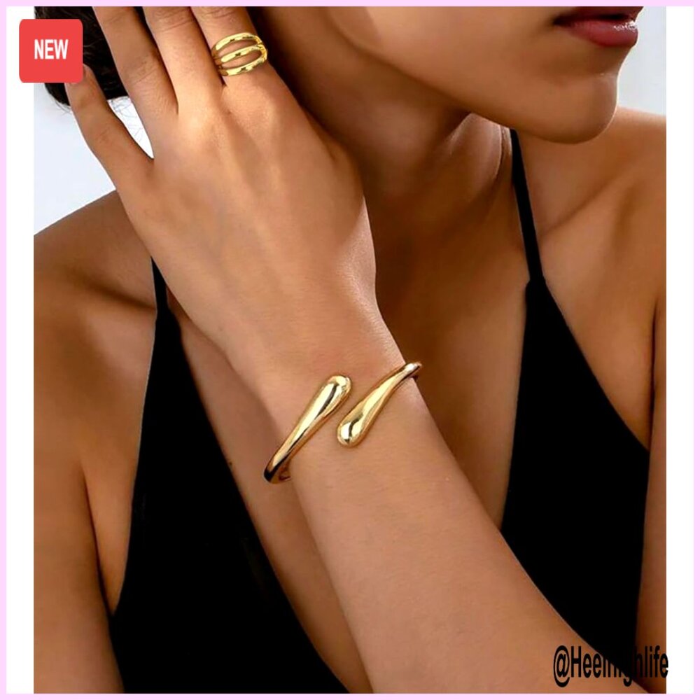 Chunky Gold Plated Bangle Bracelets Stack Set, St… - image 6